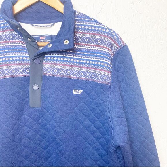 Vineyard Vines Holiday Fair Isle Fleece Pullover Sweater Snap Blue M - Picture 4 of 6